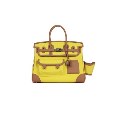 HERMES MASTER BIRKIN 35 CARGO JAUNE CITRON TOILE AND CHAI SWIFT PALLADIUM HARDWARE (35*28*18cm)